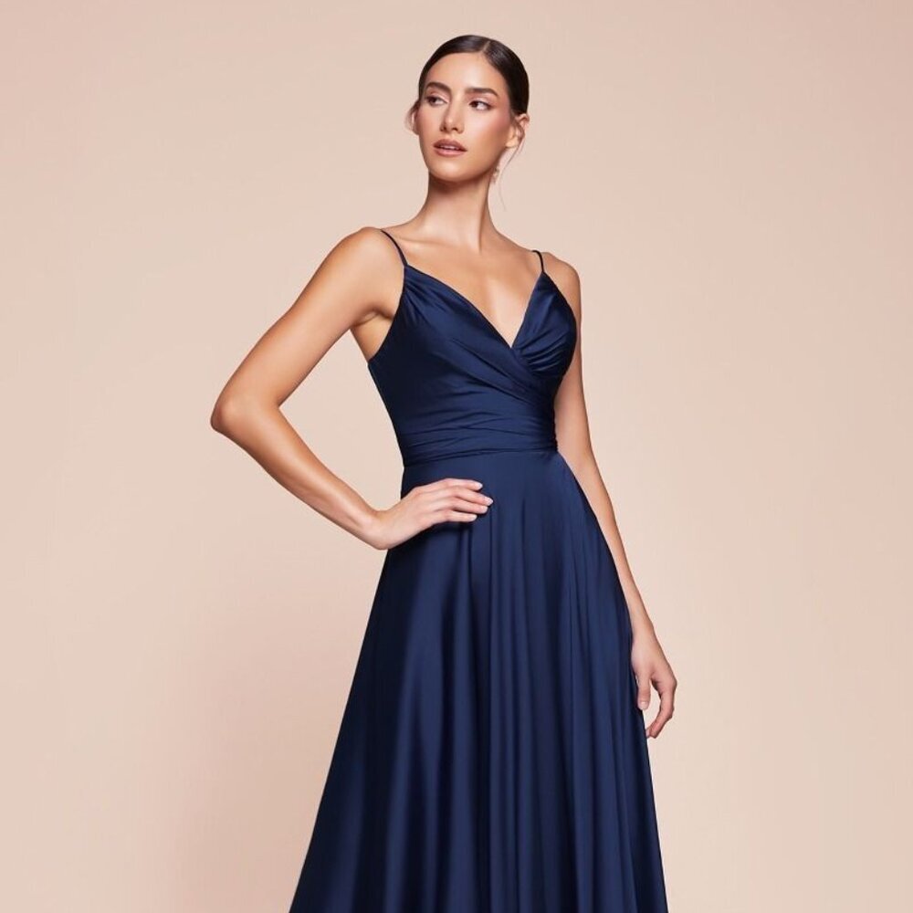 NEW V-NECKLINE A-LINE FASHIONABLE SATIN DRESS WITH ADJUSTABLE STRAPS CD 7485